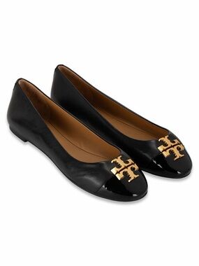 Tory Burch Everly Cap Toe Black Leather Gold T-Monogram Ballet Flat Shoes Size 7
